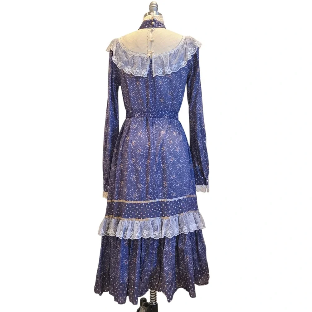 Gunne Sax Dress Purple Prairie Cottage Core Floral Lace Size 11 Vintage 70s Blue - Picture 4 of 8
